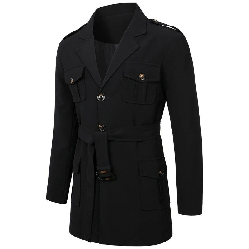 Herren Frühling Herbst Windschutz Mantel Langer Trenchcoat Mit Gürtel Für Zweireihiger - Schwarz