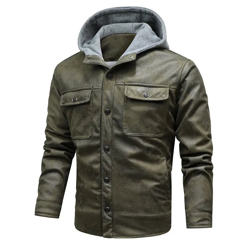 Herren Gestrickt Mütze Kunstlederjacken Jugend Casual Reißverschluss Kapuzenjacke Mäntel Herbst Motorrad Fleece-gefüttert Warme Kleidung - Khaki