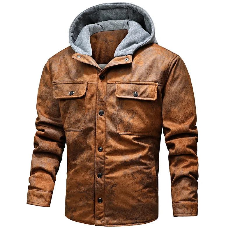 Herren Gestrickt Mütze Kunstlederjacken Jugend Casual Reißverschluss Kapuzenjacke Mäntel Herbst Motorrad Fleece-gefüttert Warme Kleidung - Khaki