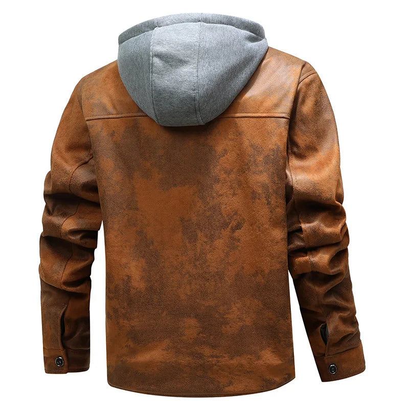 Herren Gestrickt Mütze Kunstlederjacken Jugend Casual Reißverschluss Kapuzenjacke Mäntel Herbst Motorrad Fleece-gefüttert Warme Kleidung - Khaki