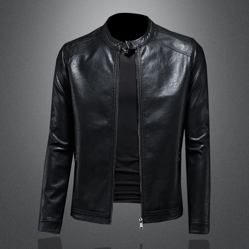 Herren Revers Motorrad Ledermantel Stehkragen Slim Tide Leder - Schwarz