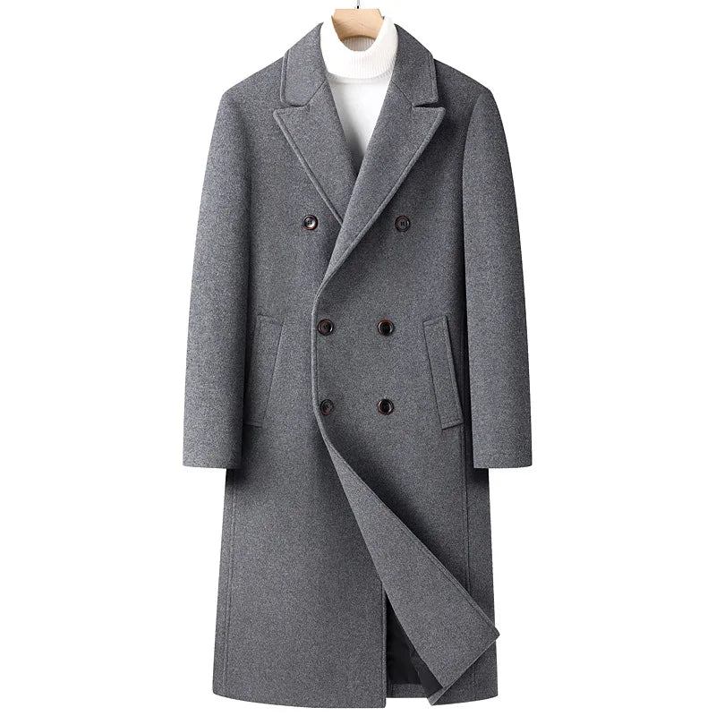 Herren-trenchcoat Aus Wollmischung Herbst/winter Zweireihig Langer Peacoat Lässig Mit Revers Klassischer Mantel Für Männer - Grau