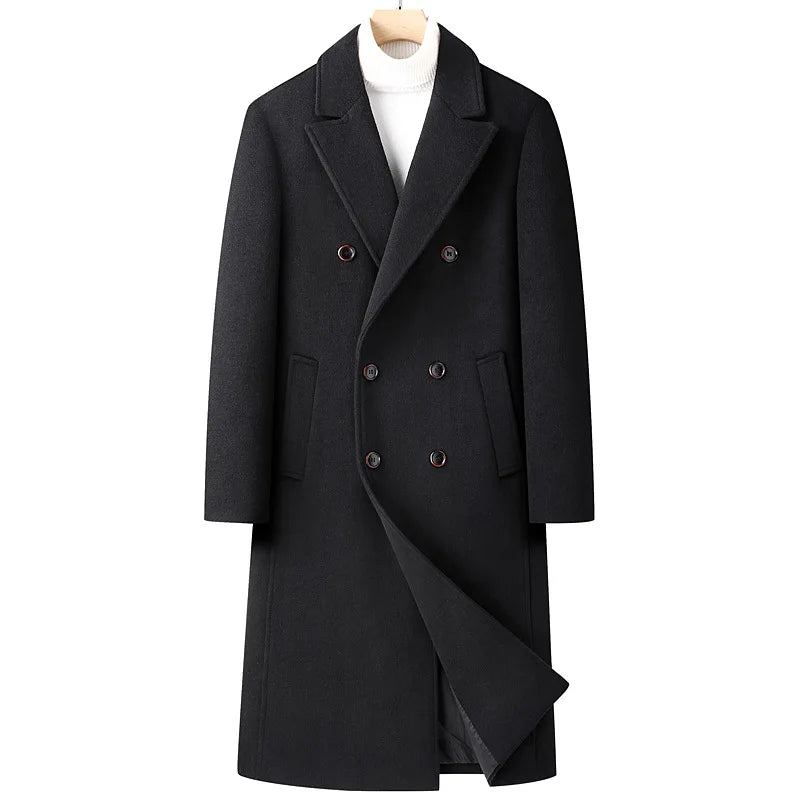 Herren-trenchcoat Aus Wollmischung Herbst/winter Zweireihig Langer Peacoat Lässig Mit Revers Klassischer Mantel Für Männer - Grau