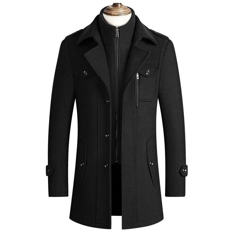 Herren Warme Wollmäntel Für Den Winter Dicke Freizeitjacken Schmale Passform Langer Abschnitt Windjacke Trenchcoat - Schwarz