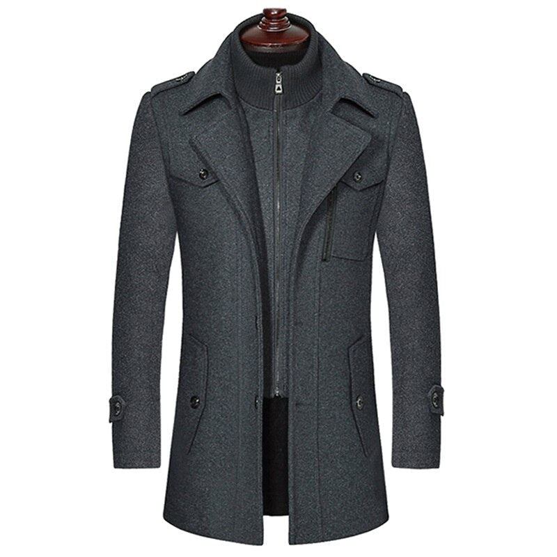 Herren Warme Wollmäntel Für Den Winter Dicke Freizeitjacken Schmale Passform Langer Abschnitt Windjacke Trenchcoat - Schwarz