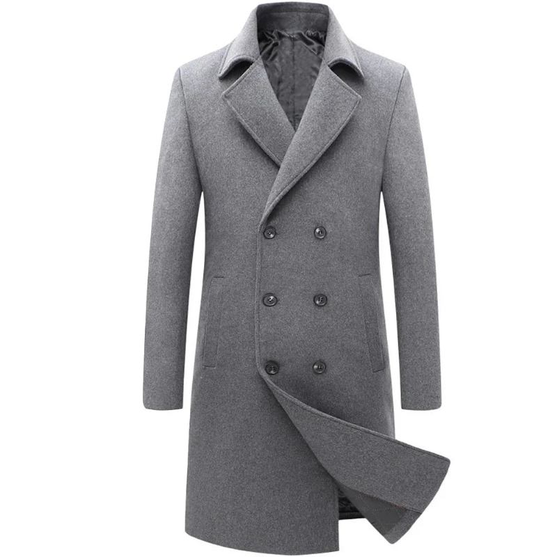 Herren Winter Wollmantel Zweireihige Businessjacke Für Wollmischungen Trenchcoat Für Übermantel - Schwarz