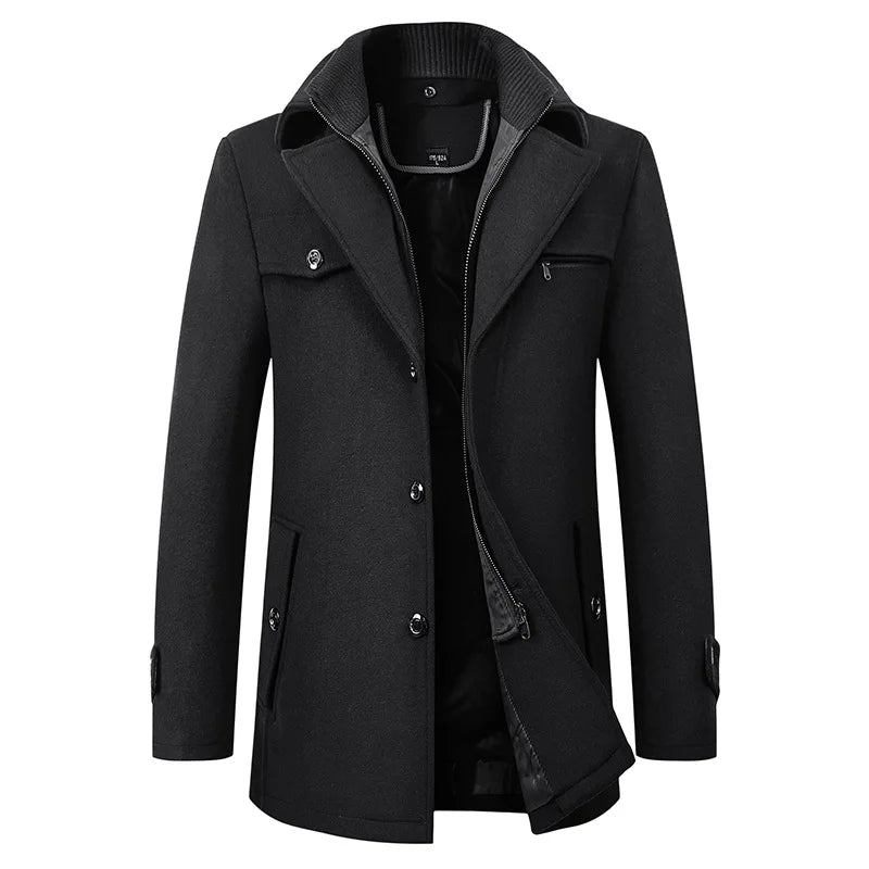 Herren Wolljacke Winter Herbst Lang Winddicht Wollmantel Lässige Dicke Slim Fit Jacke - Schwarz