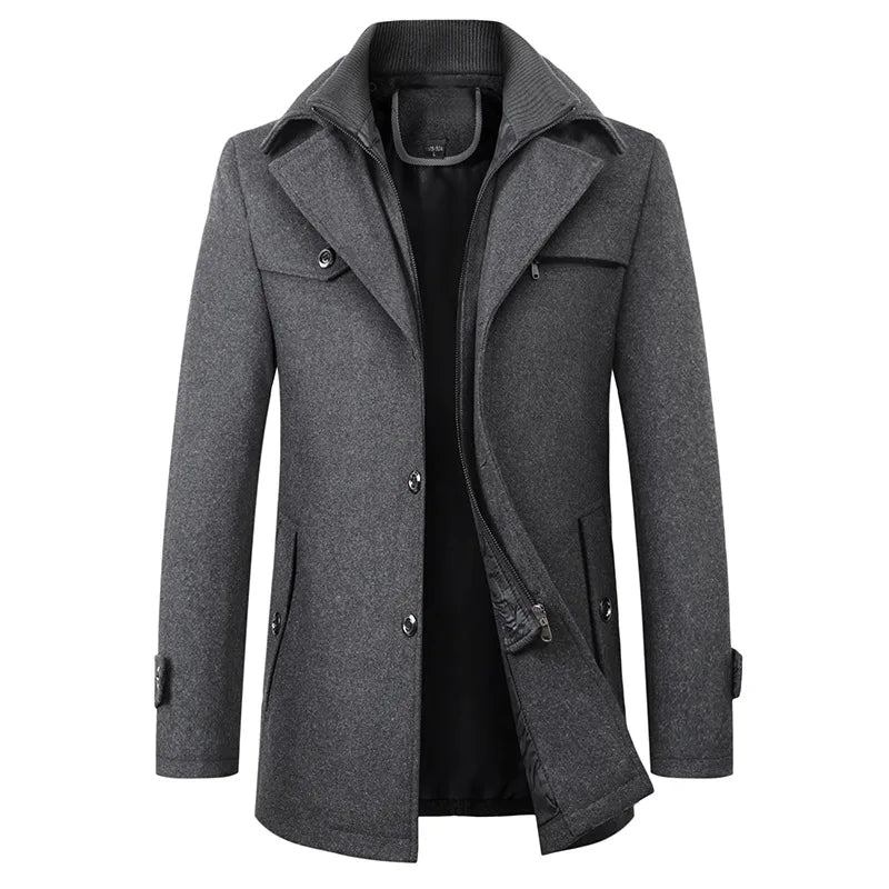 Herren Wolljacke Winter Herbst Lang Winddicht Wollmantel Lässige Dicke Slim Fit Jacke - Schwarz