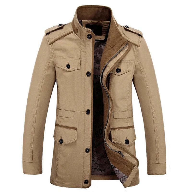 Herrenjacken Trenchcoat Für Den Frühling Und Herbst Einfarbig Baumwolle Lässig Lange Jacke Herrenbekleidung Oberbekleidung - Khaki