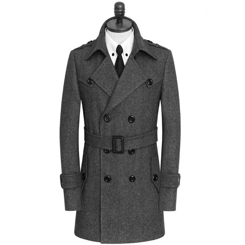 Herrenwolljacken Eleganter Trenchcoat Mit Zwei Knöpfen Stilvolle Atmungsaktive Windjacke Aus Wollmischung - Schwarz