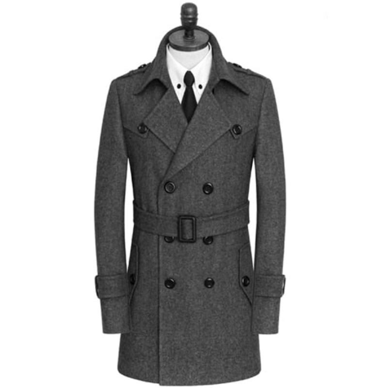 Herrenwolljacken Eleganter Trenchcoat Mit Zwei Knöpfen Stilvolle Atmungsaktive Windjacke Aus Wollmischung - Schwarz