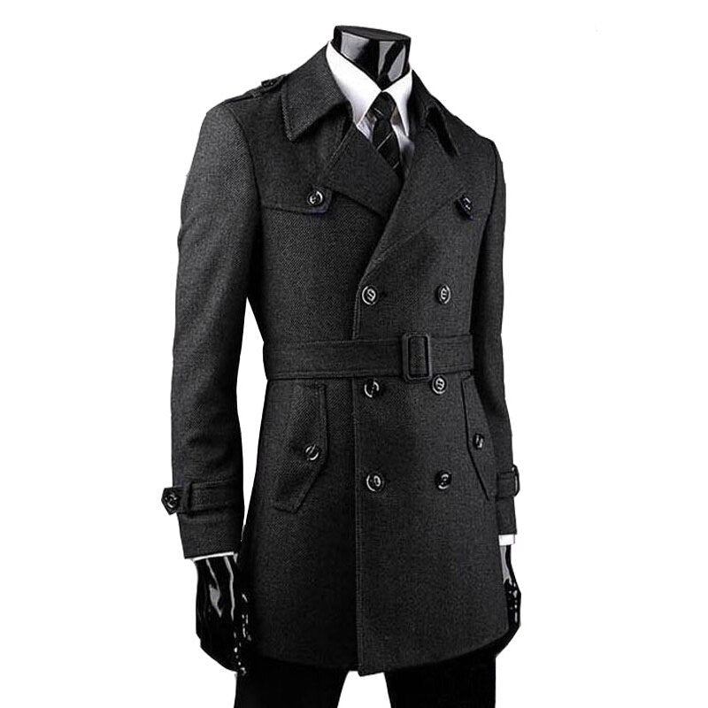 Herrenwolljacken Eleganter Trenchcoat Mit Zwei Knöpfen Stilvolle Atmungsaktive Windjacke Aus Wollmischung - Schwarz