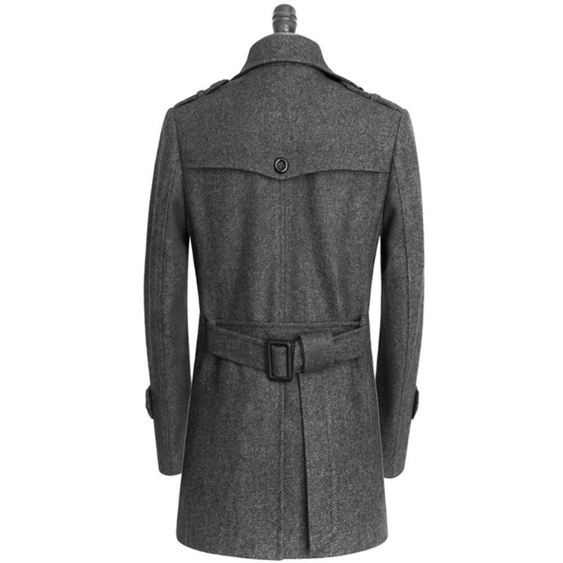 Herrenwolljacken Eleganter Trenchcoat Mit Zwei Knöpfen Stilvolle Atmungsaktive Windjacke Aus Wollmischung - Schwarz