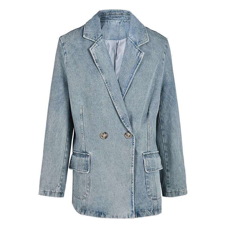 Jeans Vintage Jacke Locker Revers Langarm Damenmantel Flut Frühling Herbst - Blau