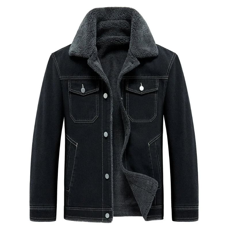 Jeansfleecejacke Dick Warm Windjacke Mehrere Taschen Cowboy-mäntel Outdoor Lässig Lockerer Mantel Winter - Schwarz