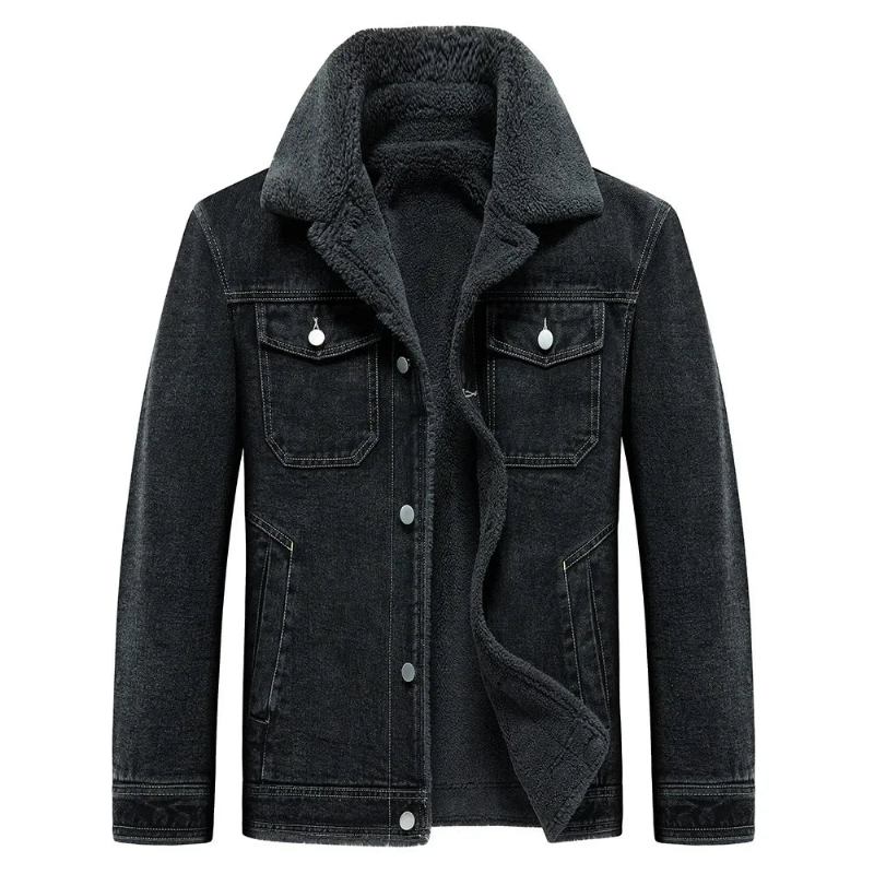 Jeansfleecejacke Dick Warm Windjacke Mehrere Taschen Cowboy-mäntel Outdoor Lässig Lockerer Mantel Winter - Schwarz