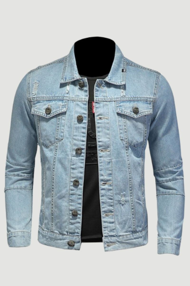 Jeansjacke Für Herren Jeansmäntel Revers Langarm Einreihig Slim Motorrad Bomber Hellblau Casual Outwear Kleidung