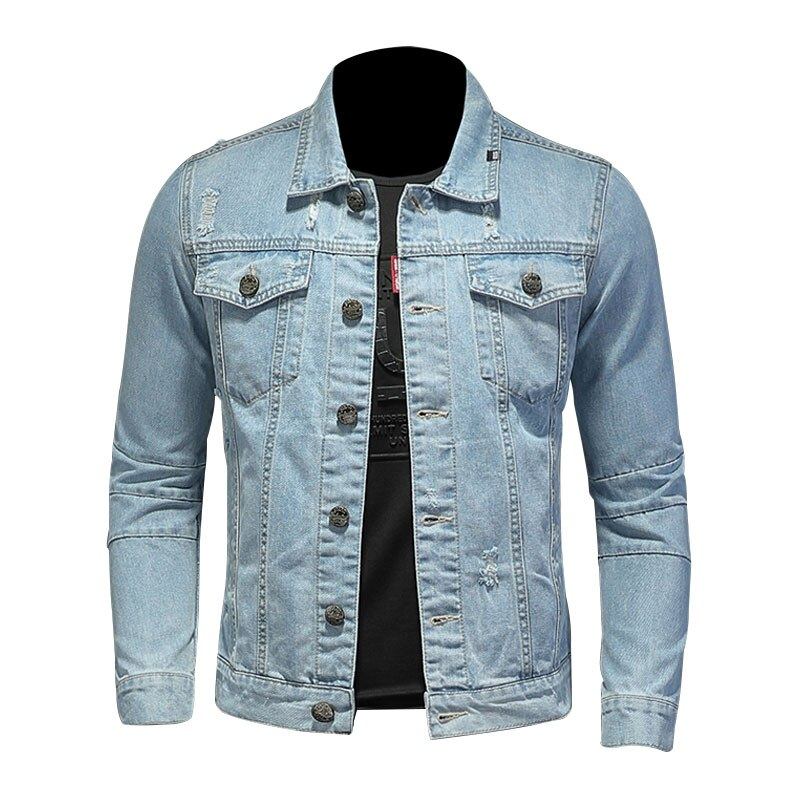 Jeansjacke Für Herren Jeansmäntel Revers Langarm Einreihig Slim Motorrad Bomber Hellblau Casual Outwear Kleidung - Himmelblau