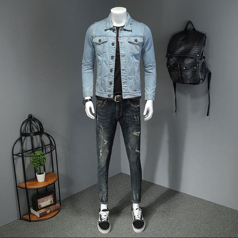 Jeansjacke Für Herren Jeansmäntel Revers Langarm Einreihig Slim Motorrad Bomber Hellblau Casual Outwear Kleidung - Himmelblau