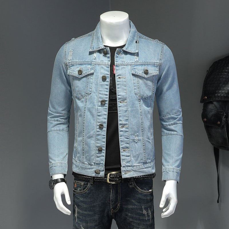 Jeansjacke Für Herren Jeansmäntel Revers Langarm Einreihig Slim Motorrad Bomber Hellblau Casual Outwear Kleidung - Himmelblau