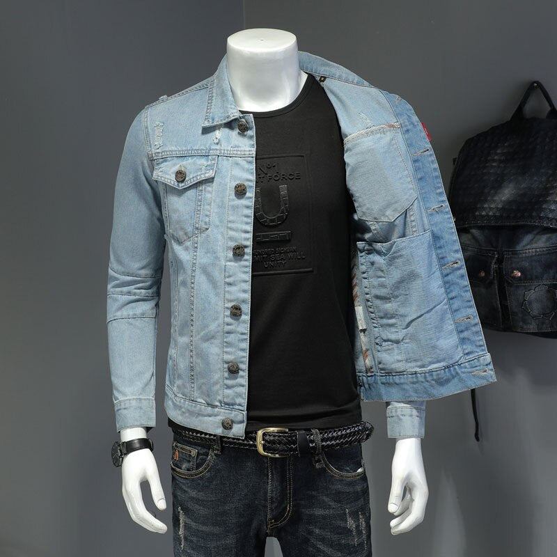 Jeansjacke Für Herren Jeansmäntel Revers Langarm Einreihig Slim Motorrad Bomber Hellblau Casual Outwear Kleidung - Himmelblau