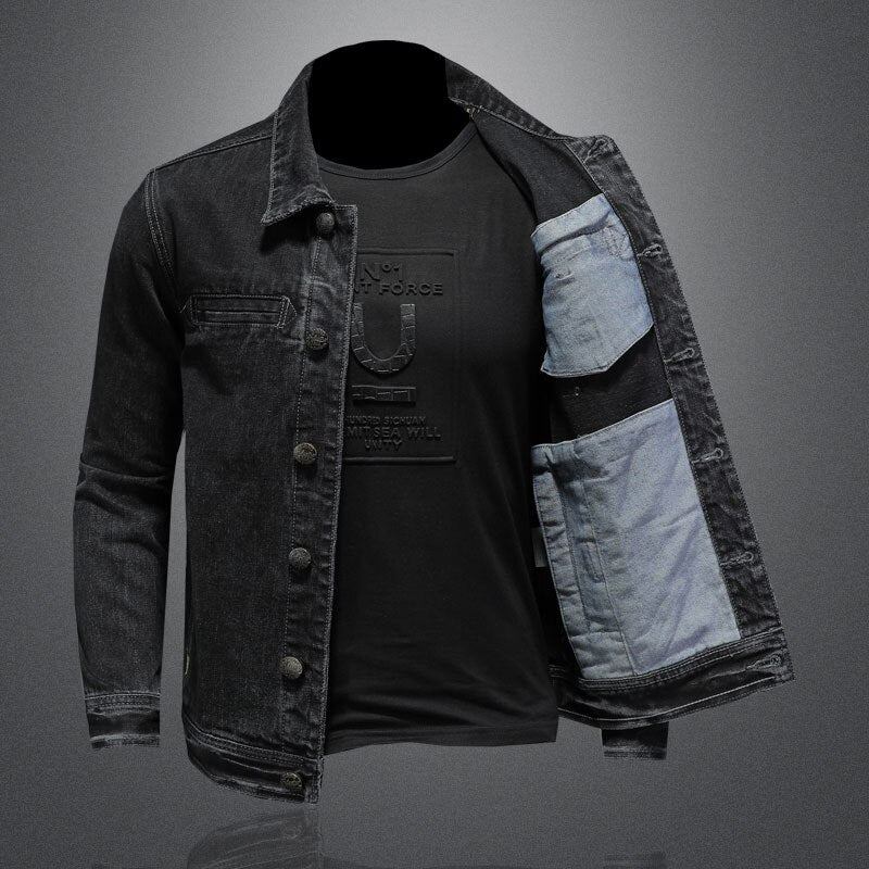 Jeansjacke Für Herren Jeansmantel Herbst Bomberjacke Motorrad Einfachheit Lässig Revers Langärmelig Schmal Schwarz Cowboy-kleidung - Schwarz