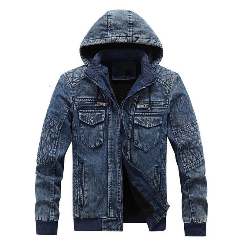 Jeansjacke Für Herren Trendige Kapuzenjacke Aus Denim Lässige Warme Windjacke Aus Fleece Cowboymäntel Herrenbekleidung - Jeansblau