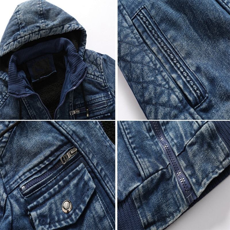 Jeansjacke Für Herren Trendige Kapuzenjacke Aus Denim Lässige Warme Windjacke Aus Fleece Cowboymäntel Herrenbekleidung - Jeansblau