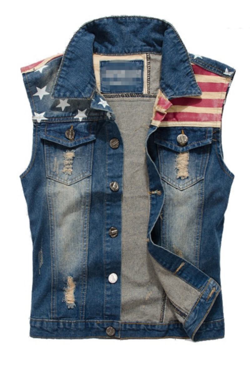 Jeansweste Für Herren Cowboy Zerrissen Ärmellos Vintage-jacke Tanktop Frühlingsweste Mit Gewaschener Usa-flagge