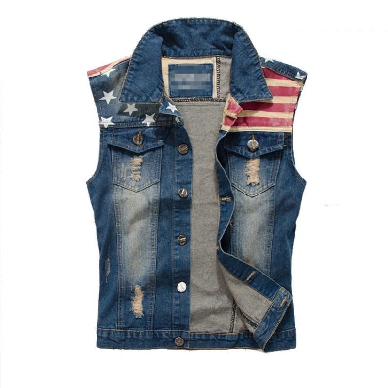 Jeansweste Für Herren Cowboy Zerrissen Ärmellos Vintage-jacke Tanktop Frühlingsweste Mit Gewaschener Usa-flagge - Jeansblau