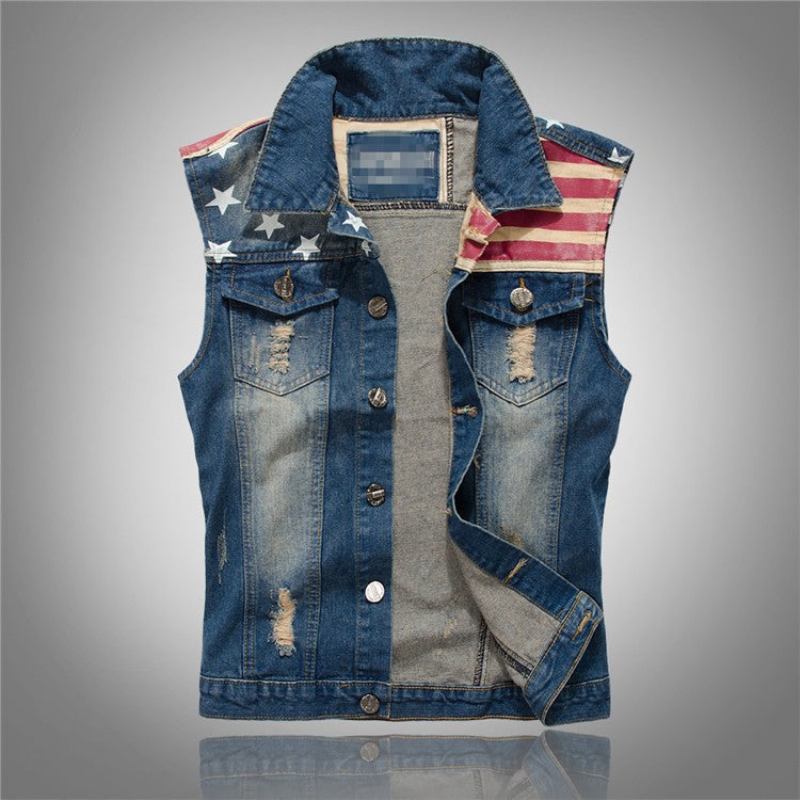 Jeansweste Für Herren Cowboy Zerrissen Ärmellos Vintage-jacke Tanktop Frühlingsweste Mit Gewaschener Usa-flagge - Jeansblau