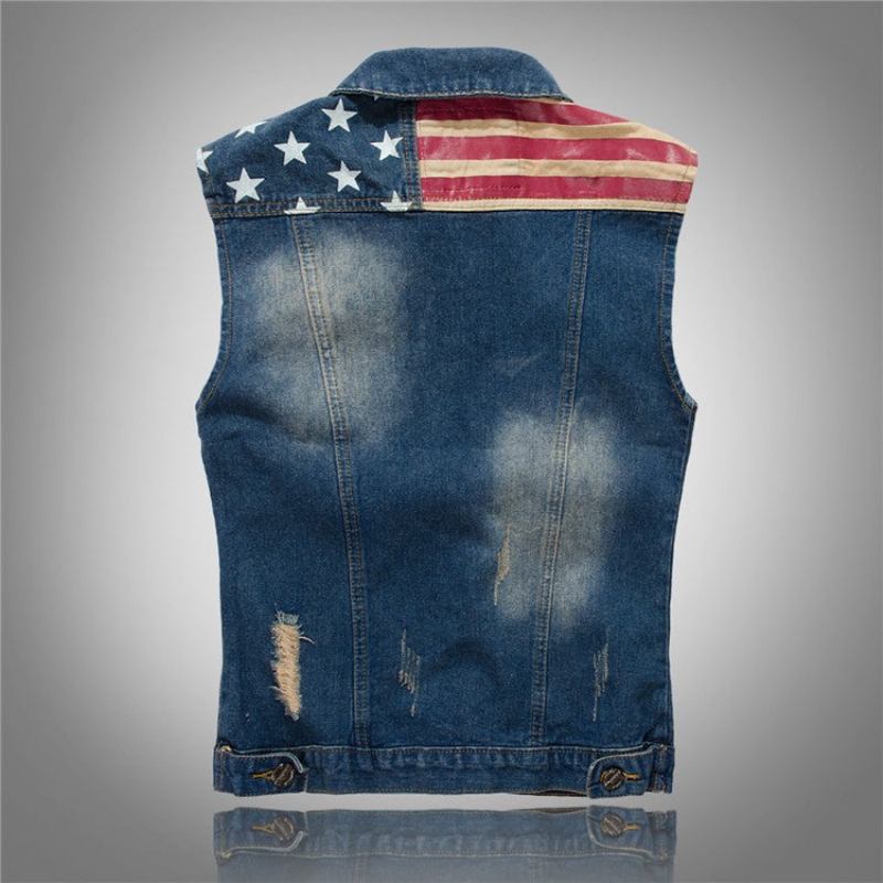 Jeansweste Für Herren Cowboy Zerrissen Ärmellos Vintage-jacke Tanktop Frühlingsweste Mit Gewaschener Usa-flagge - Jeansblau