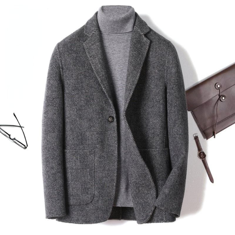 Kaschmir Karierter Mantel Für Herren Herbst Und Winter Wolljacke Graue Trenchcoats Eleganter Lässiger Trendige Herrenkleidung - Grau