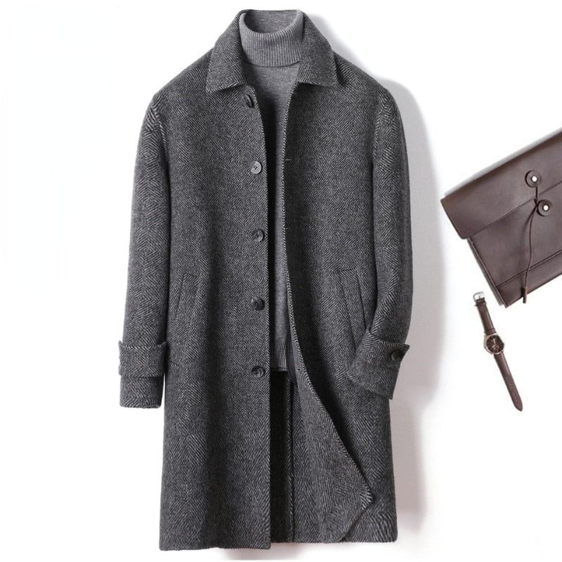 Kaschmir Karierter Mantel Für Herren Herbst Und Winter Wolljacke Graue Trenchcoats Eleganter Lässiger Trendige Herrenkleidung - Grau