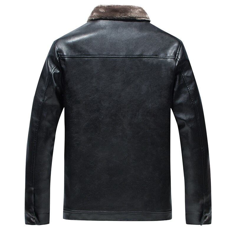 Lederjacke Für Herren Winterfleece Dick Winddicht Warm Motorradmantel Herrenbekleidung - Schwarz