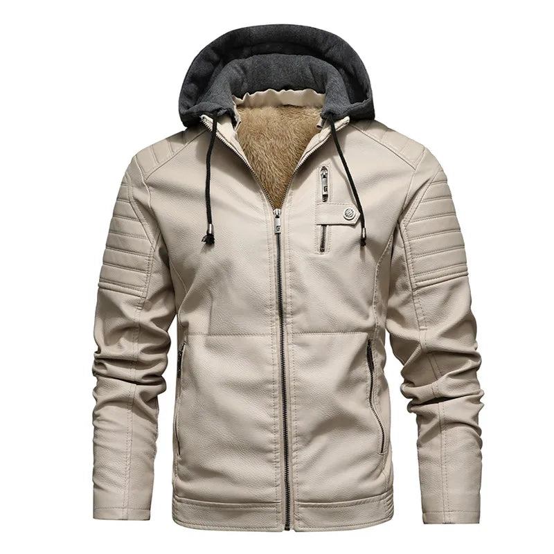 Motorrad-kapuzenjacke Lederjacke Herren Einfarbig Fleece Lässig Windjacke Schmale Militärische Taktische Dicke Mäntel Winter - Weiß