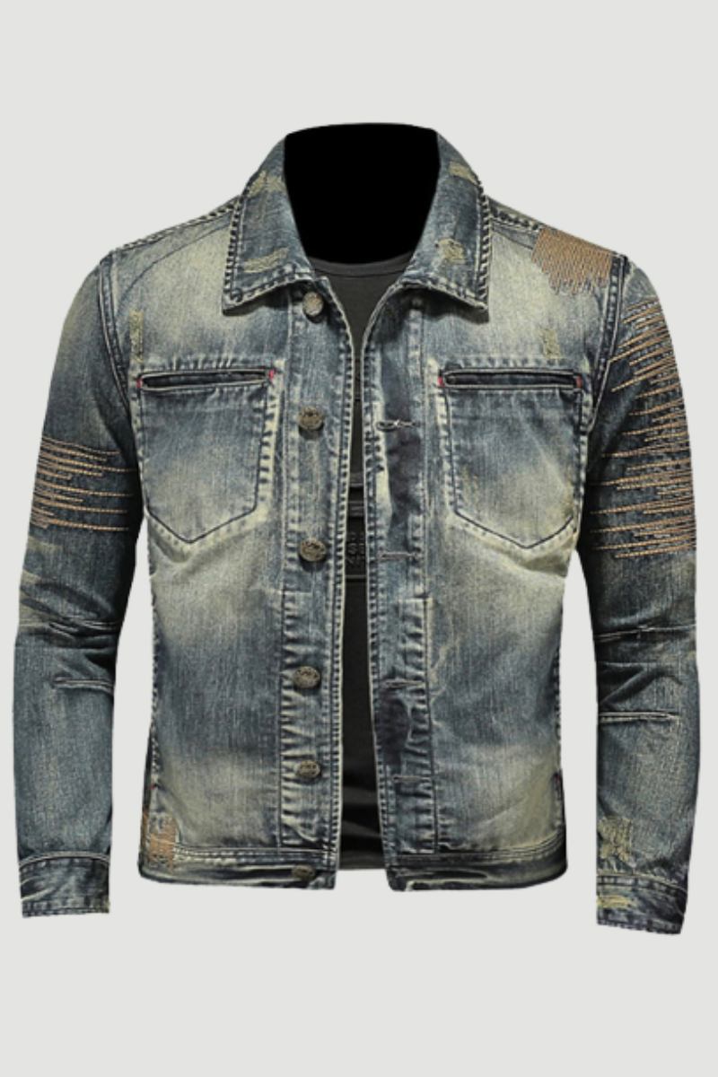 Retro-jeansjacke Für Herren Denim-mantel Herbst Bomberjacke Motorradjacke Lässig Revers Langärmlige Bestickte Schmale Kleidung