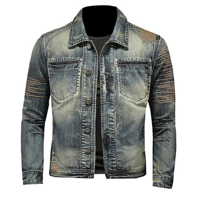 Retro-jeansjacke Für Herren Denim-mantel Herbst Bomberjacke Motorradjacke Lässig Revers Langärmlige Bestickte Schmale Kleidung - Jeans Blau