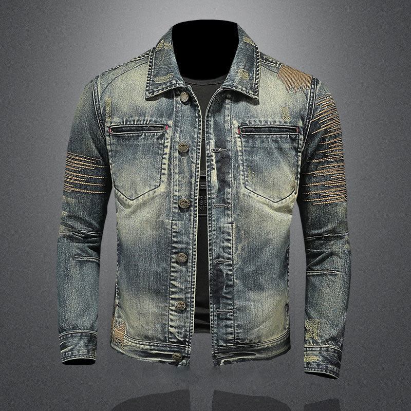 Retro-jeansjacke Für Herren Denim-mantel Herbst Bomberjacke Motorradjacke Lässig Revers Langärmlige Bestickte Schmale Kleidung - Jeans Blau