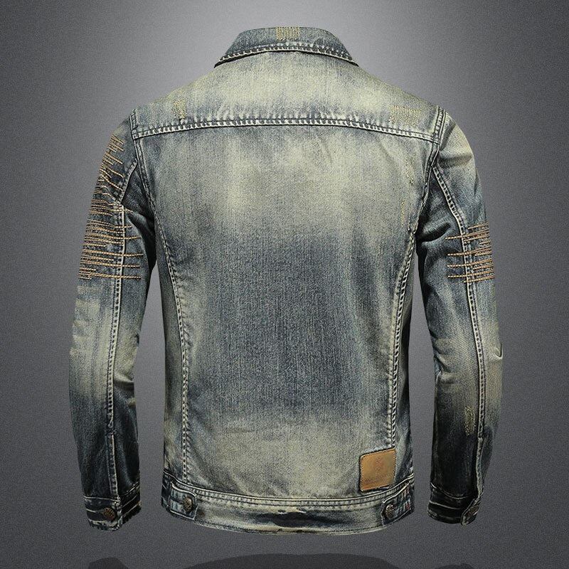 Retro-jeansjacke Für Herren Denim-mantel Herbst Bomberjacke Motorradjacke Lässig Revers Langärmlige Bestickte Schmale Kleidung - Jeans Blau