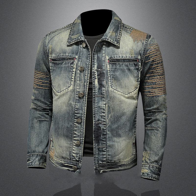 Retro-jeansjacke Für Herren Denim-mantel Herbst Bomberjacke Motorradjacke Lässig Revers Langärmlige Bestickte Schmale Kleidung - Jeans Blau