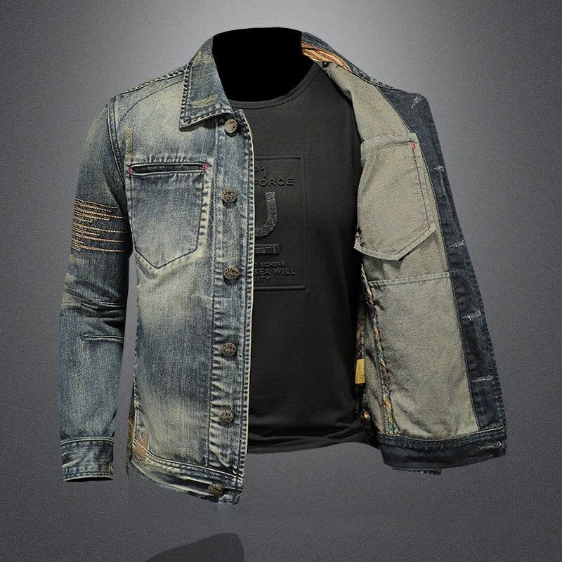 Retro-jeansjacke Für Herren Denim-mantel Herbst Bomberjacke Motorradjacke Lässig Revers Langärmlige Bestickte Schmale Kleidung - Jeans Blau