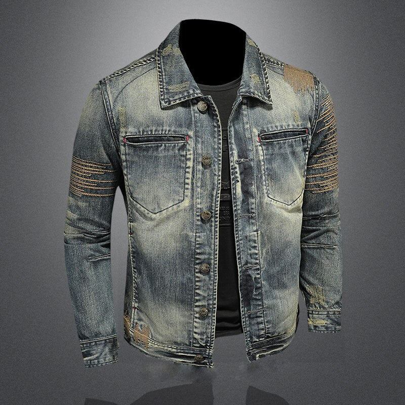 Retro-jeansjacke Für Herren Denim-mantel Herbst Bomberjacke Motorradjacke Lässig Revers Langärmlige Bestickte Schmale Kleidung - Jeans Blau