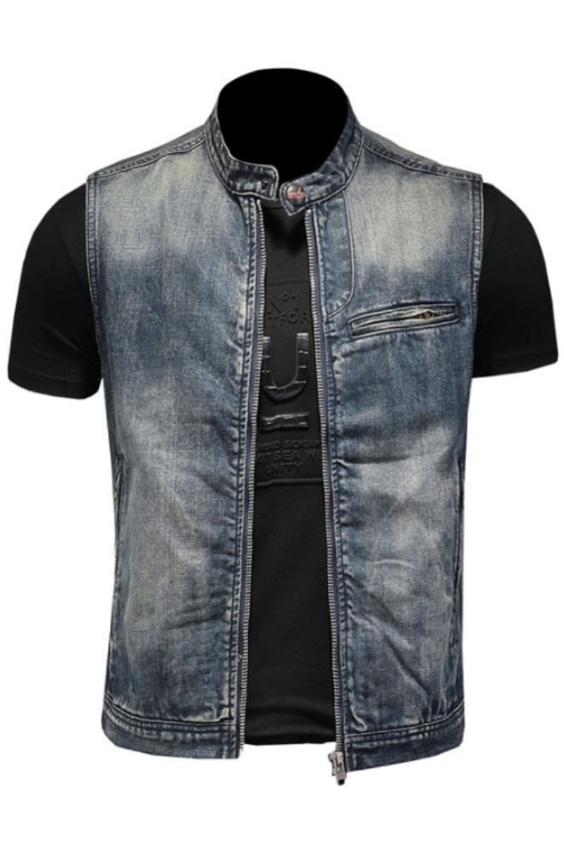 Sommerjacke Retro-jeansjacke Jeansweste Für Herren Blau Schmal Stehkragen Reißverschluss Ärmellos Motorradweste Cowboy