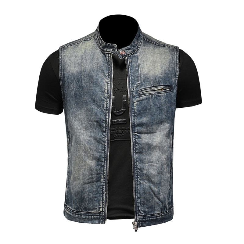 Sommerjacke Retro-jeansjacke Jeansweste Für Herren Blau Schmal Stehkragen Reißverschluss Ärmellos Motorradweste Cowboy - Blau