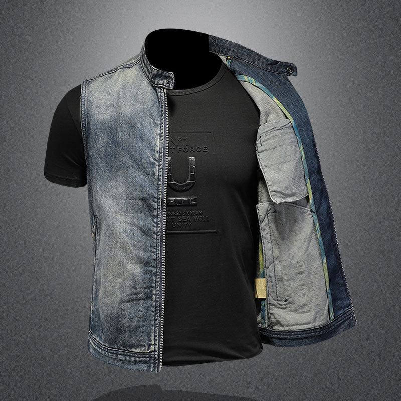 Sommerjacke Retro-jeansjacke Jeansweste Für Herren Blau Schmal Stehkragen Reißverschluss Ärmellos Motorradweste Cowboy - Blau