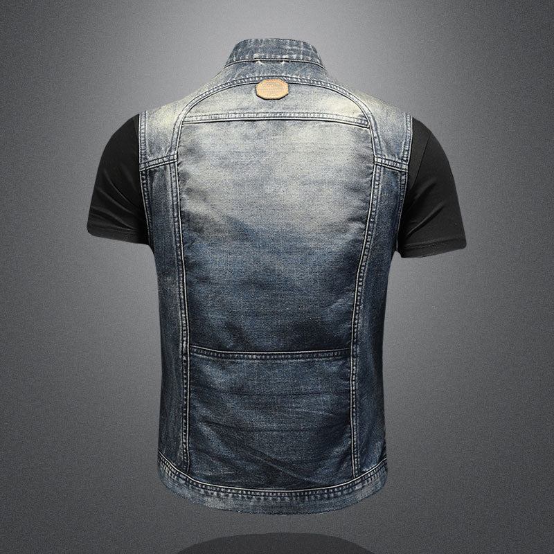 Sommerjacke Retro-jeansjacke Jeansweste Für Herren Blau Schmal Stehkragen Reißverschluss Ärmellos Motorradweste Cowboy - Blau