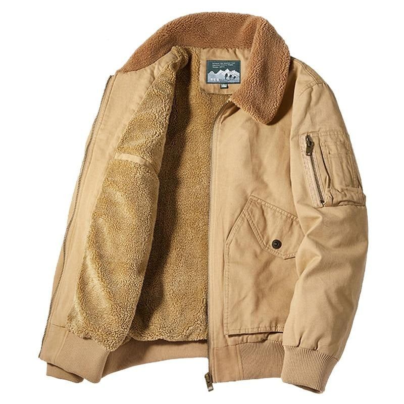 Winter-bomberjacke Für Herren Lässige Oberbekleidung Für Fleece Pelzkragen Warme Mäntel Retro - Khaki