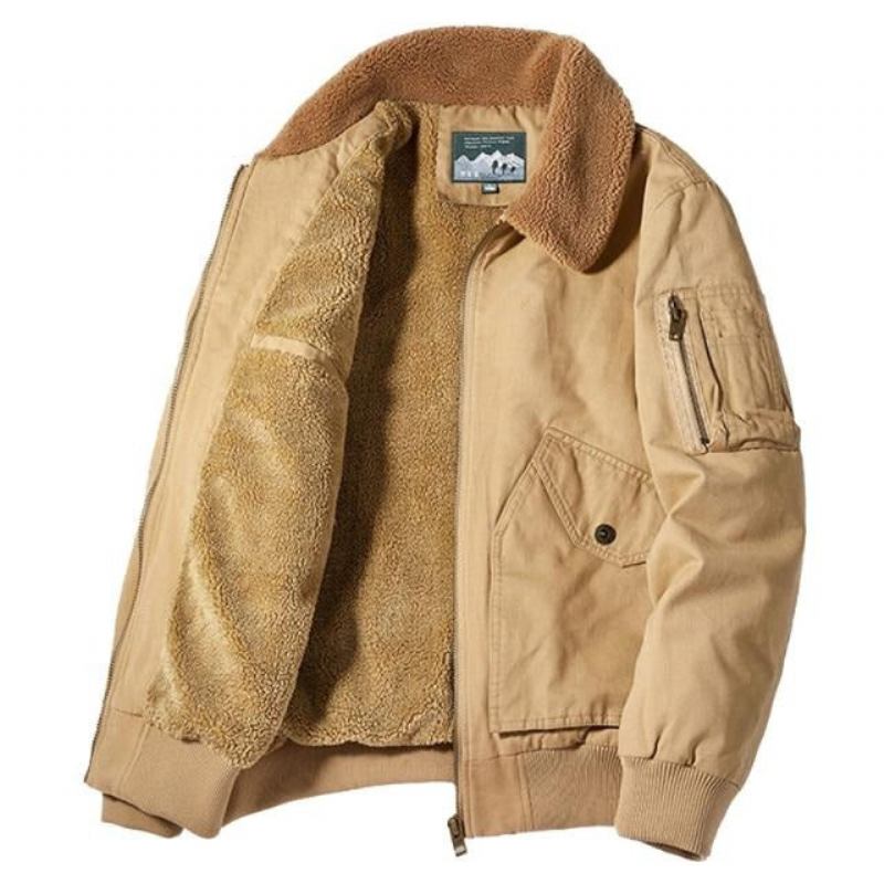 Winter-bomberjacke Für Herren Lässige Oberbekleidung Für Fleece Pelzkragen Warme Mäntel Retro - Khaki