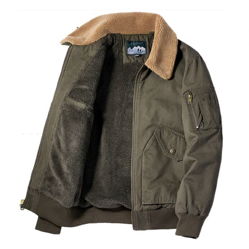 Winter-bomberjacke Für Herren Lässige Oberbekleidung Für Fleece Pelzkragen Warme Mäntel Retro - Khaki